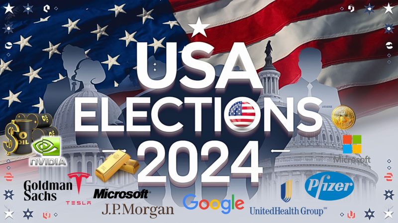Thumbnail image for 'USA Elections 2024' article featuring silhouettes of presidential candidates, U.S. flag motif, and Capitol dome.